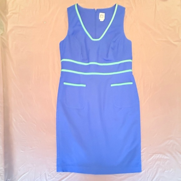 Anne Klein Blue/Green Contrast Trim Midi Sleeveless Sheath Dress Size 12/Large - Picture 2 of 10